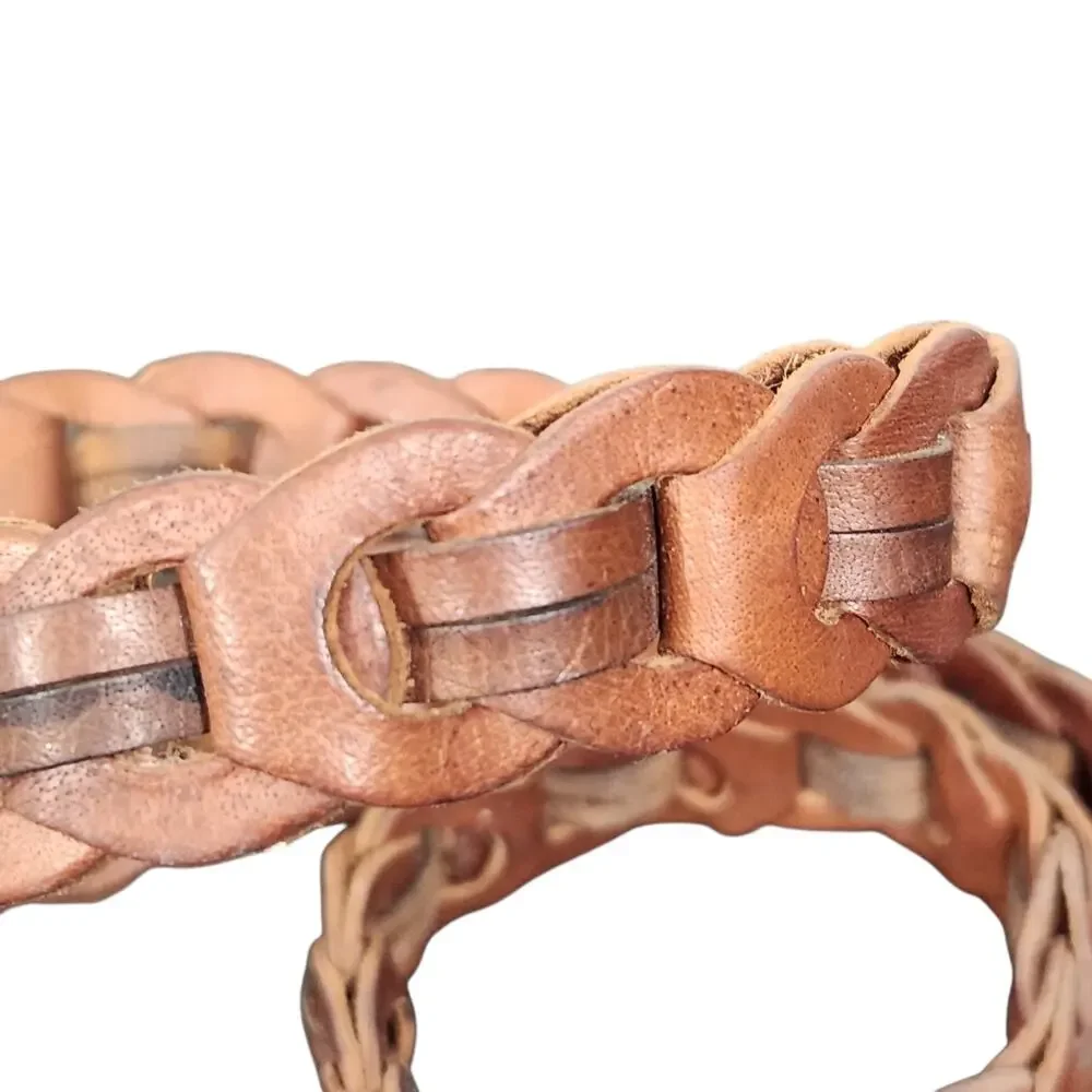 Amiee Lynn Brown Leather Woven Belt Women's Lg Brass Classic Minimalist 38